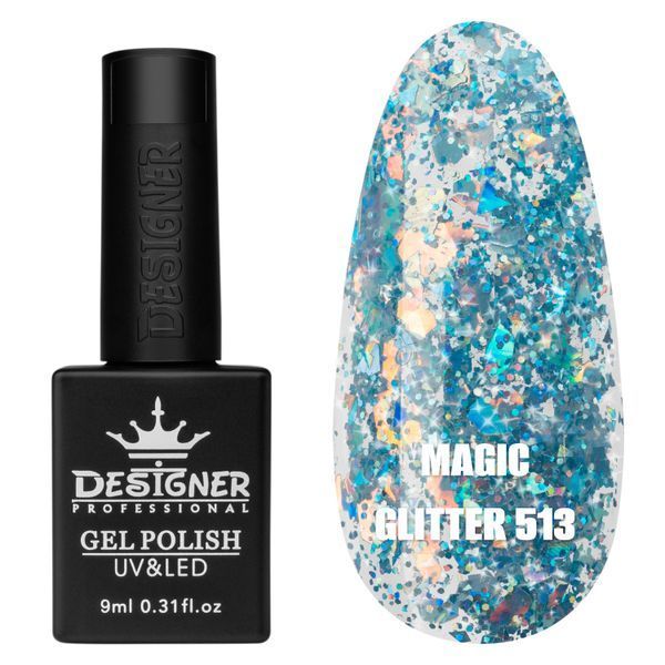 Гель лак Magic glitter 513 Дизайнер (9 мл) - з пластівцями різних розмірів та блискітками хамелеон 002441 фото