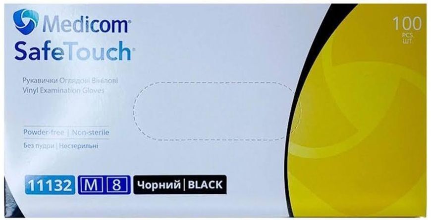 Виниловые смотровые перчатки черные М-size Medicom SafeTouch, 100шт/уп - 11132-В 007259 фото